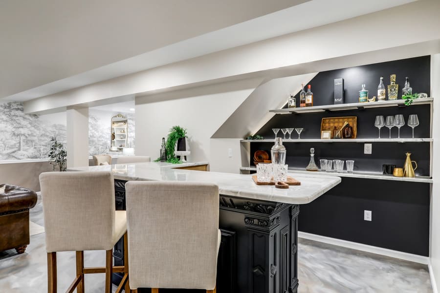 home bar with open shelving in Elizabethtown Basement Remodel