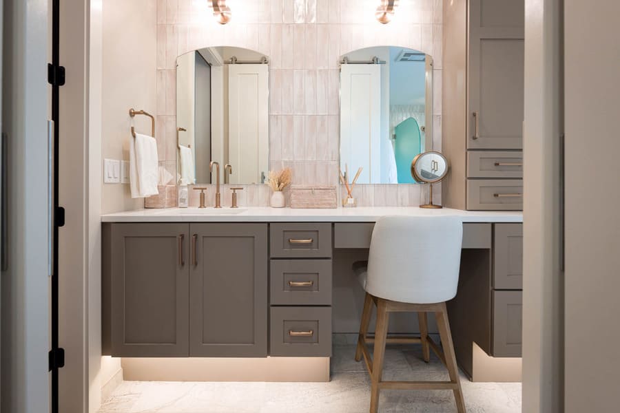 Lampeter-Strasburg Primary bathroom Remodel with gray vanity and makeup area