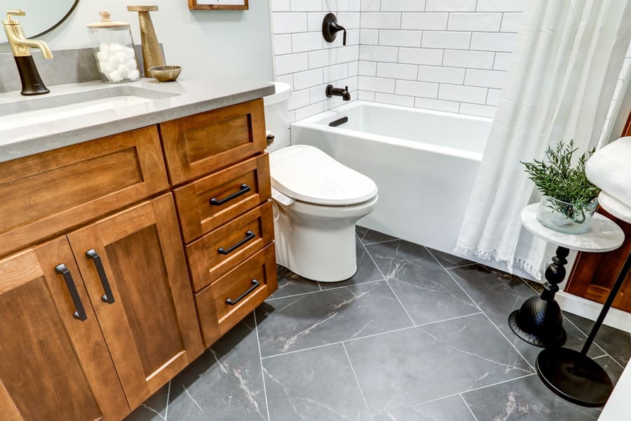 black LVT flooring in Manheim Township Primary Bathroom Remodel