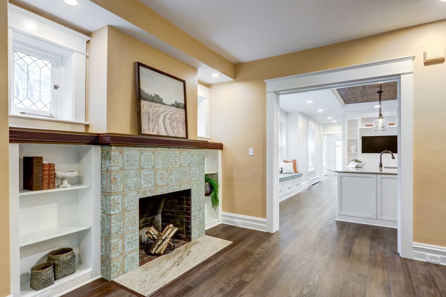 Lancaster living room remodel with fireplace and built in shelves