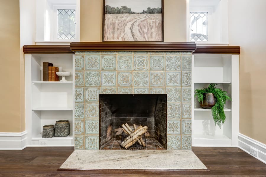 tile fireplace surround in Lancaster living room remodel 