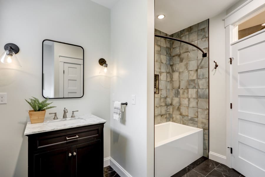 bathroom remodel in Lancaster with black vanity